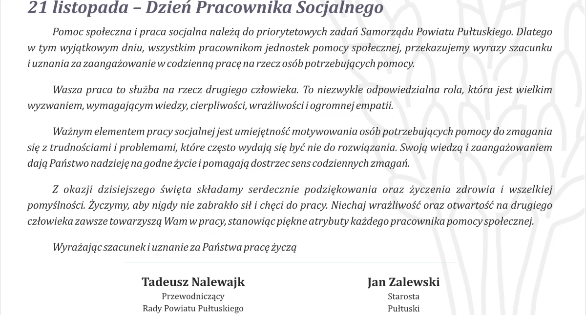 WIADOMOŚCI ZE STAROSTWA POWIATOWEGO, listopada Dzień Pracownika Socjalnego - zdjęcie, fotografia