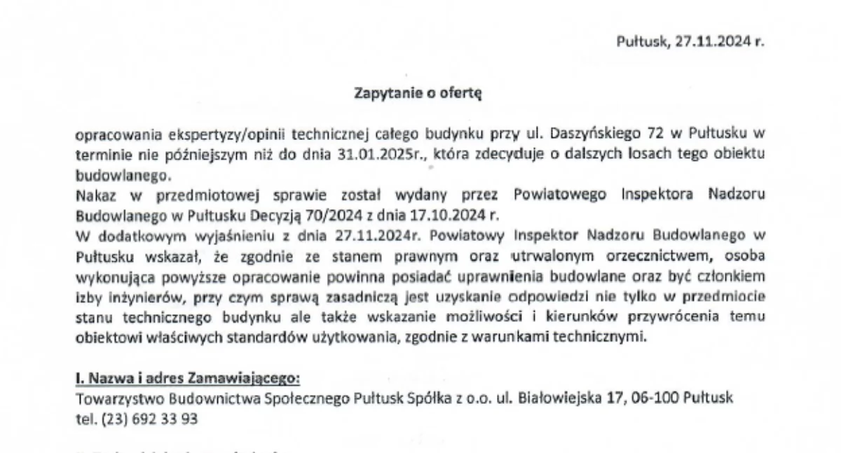 WIADOMOŚCI Z URZĘDU MIEJSKIEGO W PUŁTUSKU, Zapytanie ofertę opracowania opinii technicznej budynku Daszyńskiego - zdjęcie, fotografia