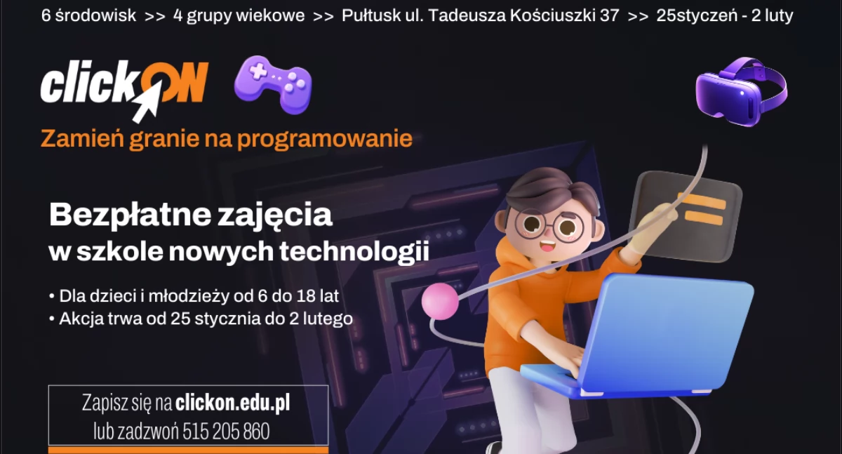 Zaproszenia, Zamień granie programowanie clickON zaprasza bezpłatne zajęcia dzieci młodzieży! - zdjęcie, fotografia