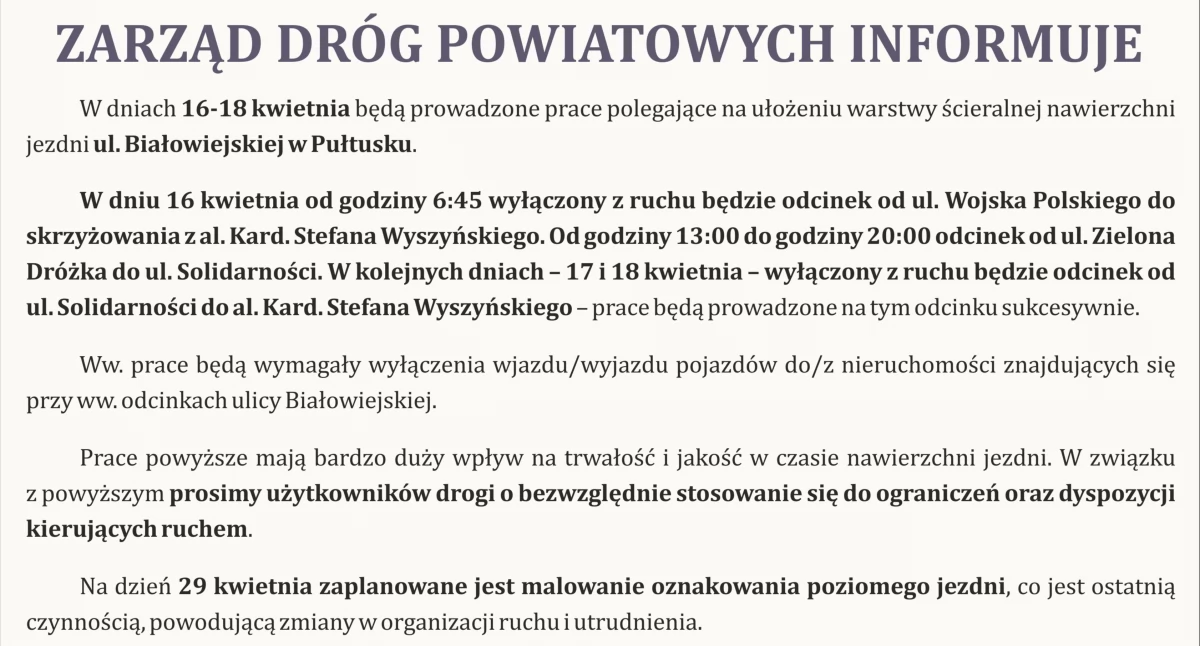WIADOMOŚCI ZE STAROSTWA POWIATOWEGO, Zarząd Dróg Powiatowych informuje - zdjęcie, fotografia
