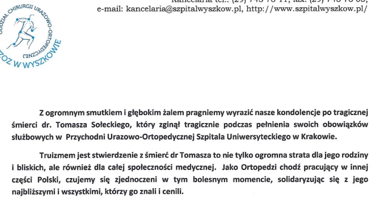 Społeczeństwo, Lekarze szpitala Wyszkowie solidaryzują bliskimi zabitego kolegi - zdjęcie, fotografia
