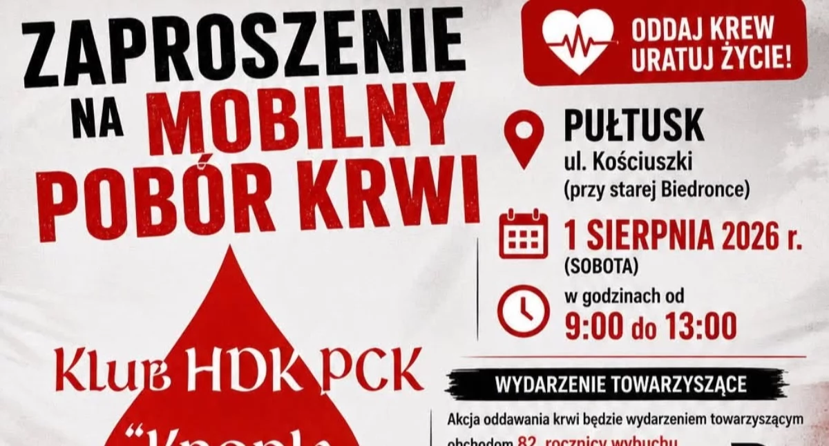 Akcja krwiodawstwa w Pułtusku: Oddaj krew i uczcij pamięć Bohaterów Powstania Warszawskiego