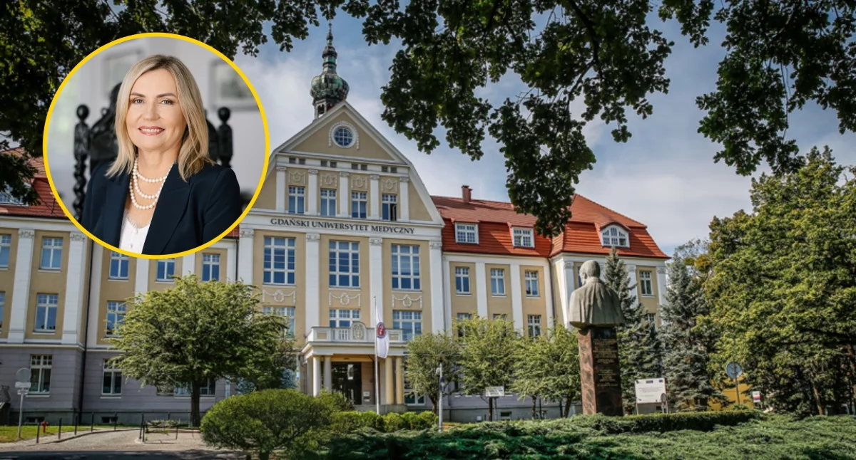 Na zdjęciu w tle Gdański Uniwersytet Medyczny, w kółku prof. dr hab. Aleksandra Gaworska-Krzemińska