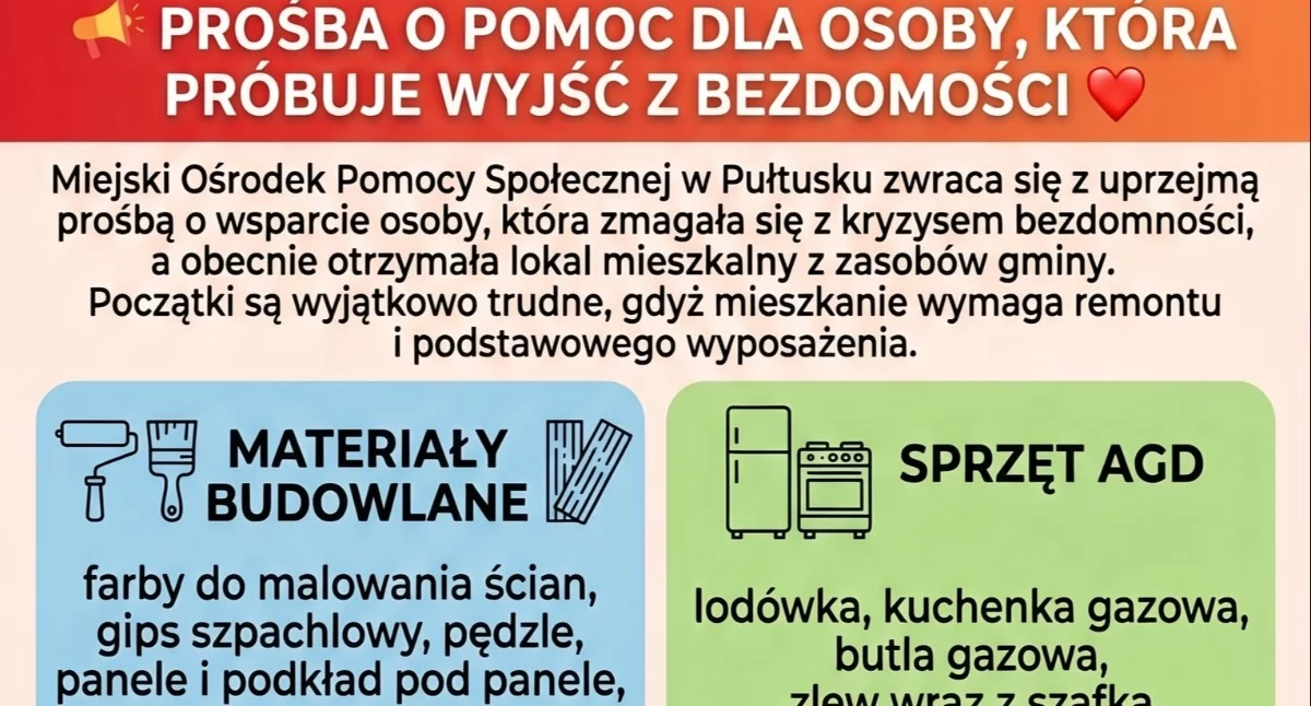 Szansa na nowy start. MOPS w Pułtusku apeluje o pomoc w remoncie i wyposażeniu mieszkania dla osoby wychodzącej z bezdomności