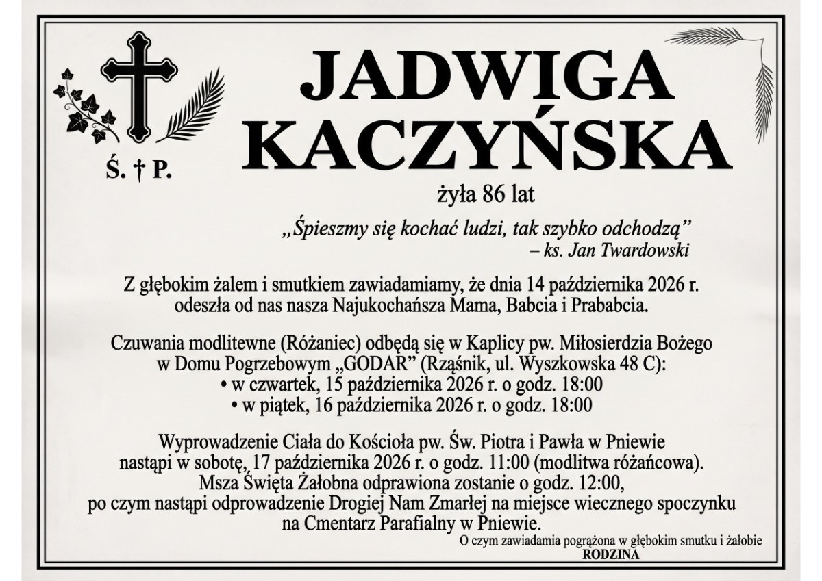 Nekrolog: śp. Jadwiga Kaczyńska, zm. 14 października 2026 r.