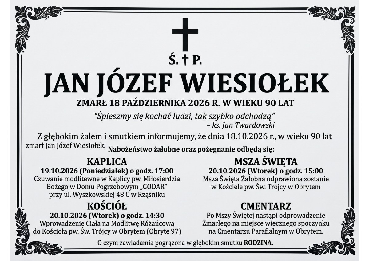 Nekrolog: śp. Jan Józef Wiesiołek, zm. 18 października 2026 r.