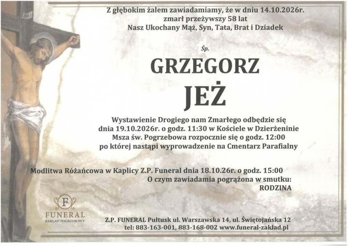 Nekrolog: śp. Grzegorz Jeż, zm. 14 października 2026 r.