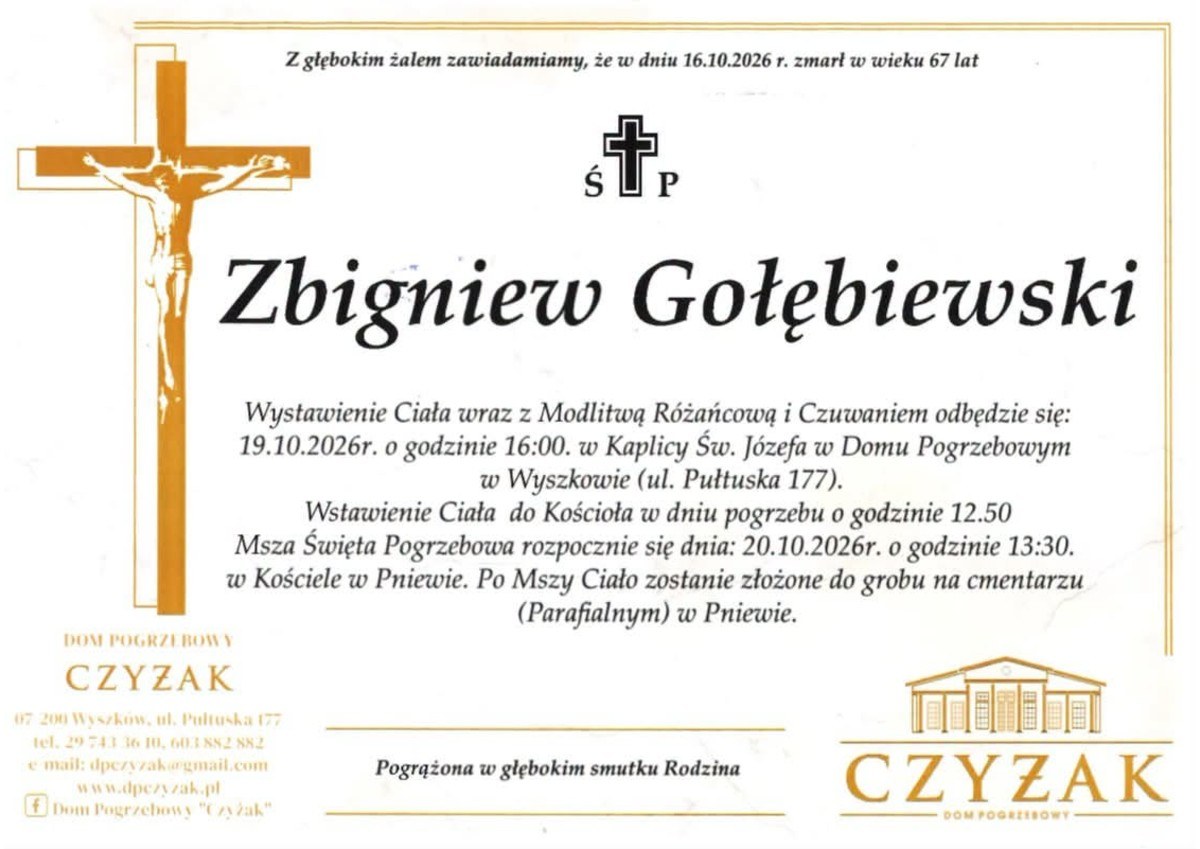 Nekrolog: śp. Zbigniew Gołębiewski, zm. 16 października 2026 r.