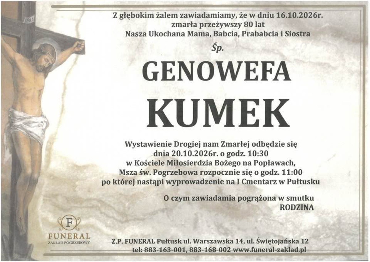 Nekrolog: śp. Genowefa Kumek, zm. 16 października 2026 r.