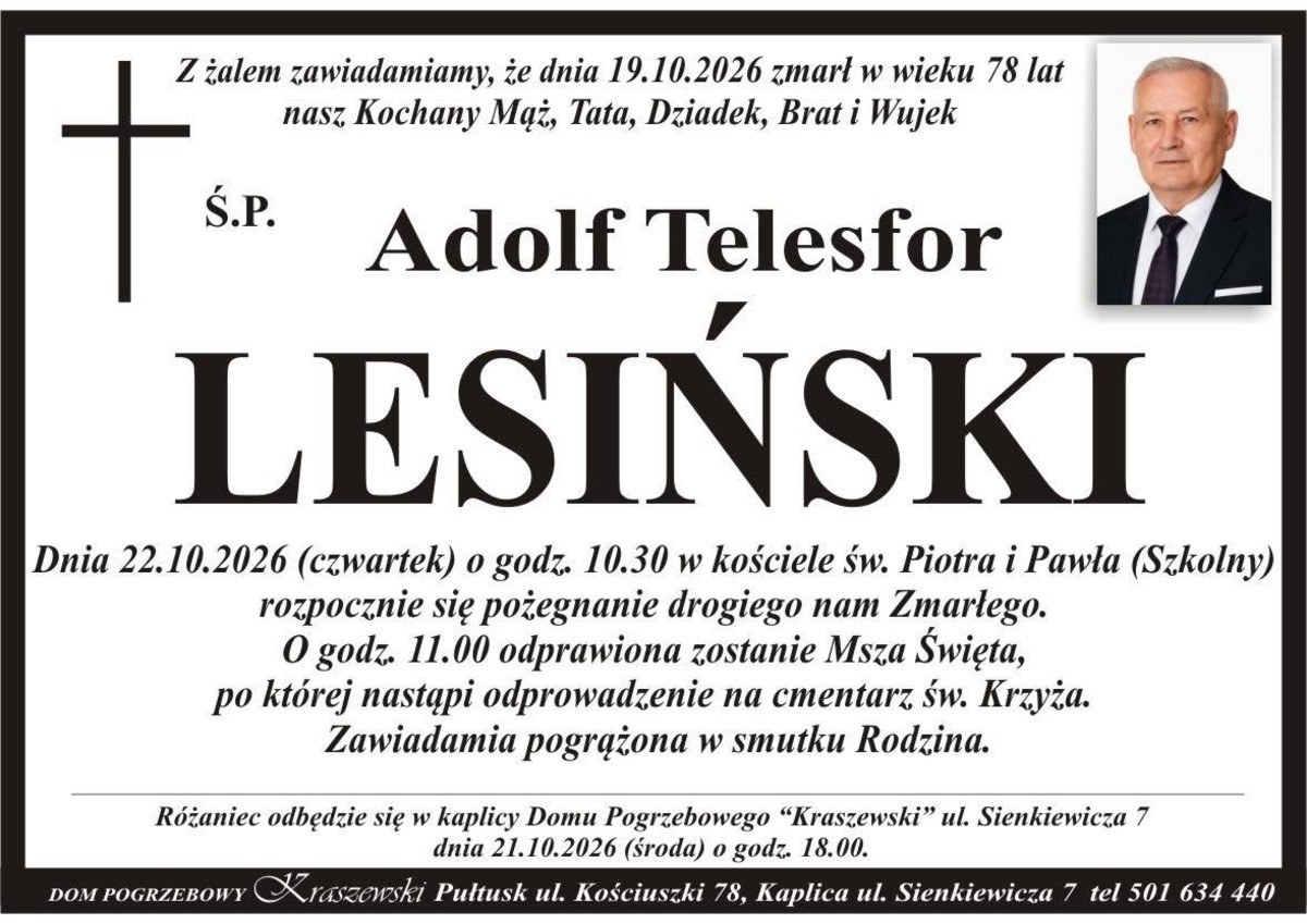 Nekrolog: śp. Adolf Telesfor Lesiński, zm. 19 października 2026 r.