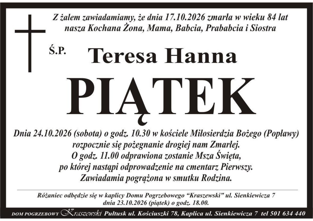 Nekrolog: śp. Teresa Hanna Piętek, zm. 17 października 2026 r.