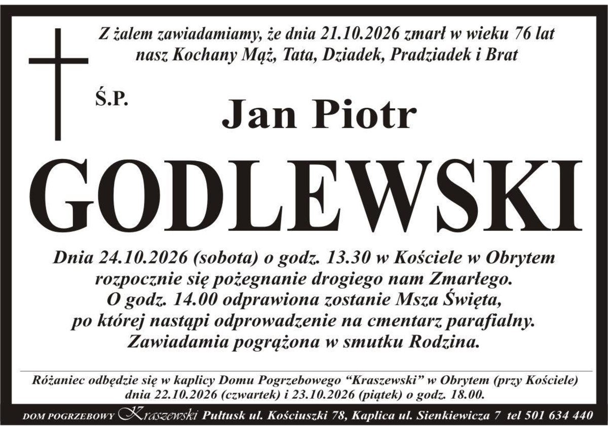 Nekrolog: śp. Jan Piotr Godlewski, zm. 21 października 2026 r.