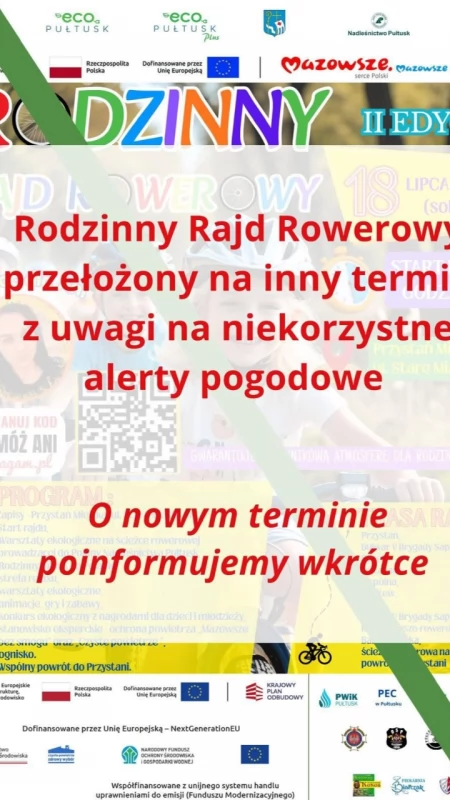 Rodzinny Rajd Rowerowy przełożony z powodu alertów pogodowych