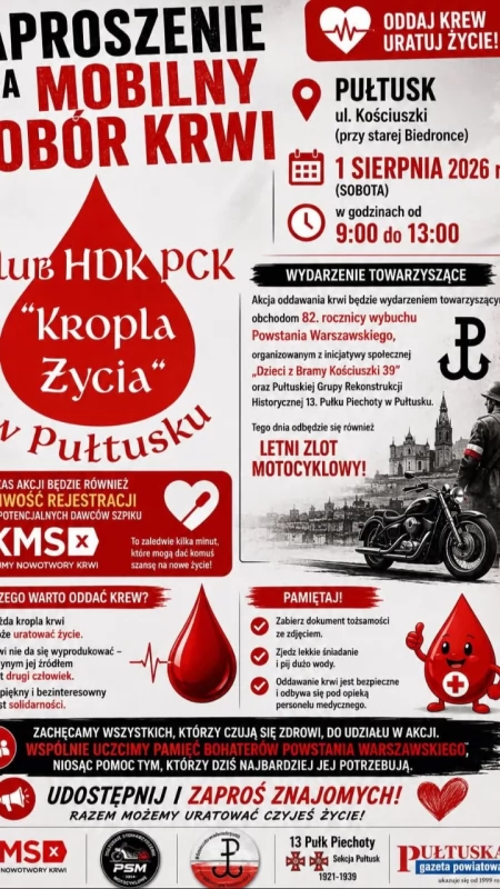 Akcja krwiodawstwa w Pułtusku: Oddaj krew i uczcij pamięć Bohaterów Powstania Warszawskiego