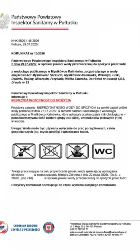 Skażona woda z SUW Mystkówiec-Kalinówka. Pilny apel do mieszkańców kilkunastu miejscowości