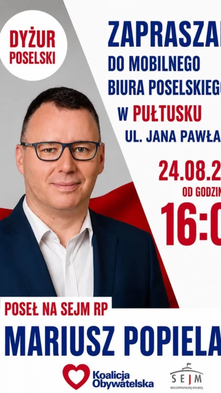 Poseł Mariusz Popielarz zaprasza dziś do mobilnego biura na ul. Jana Pawła