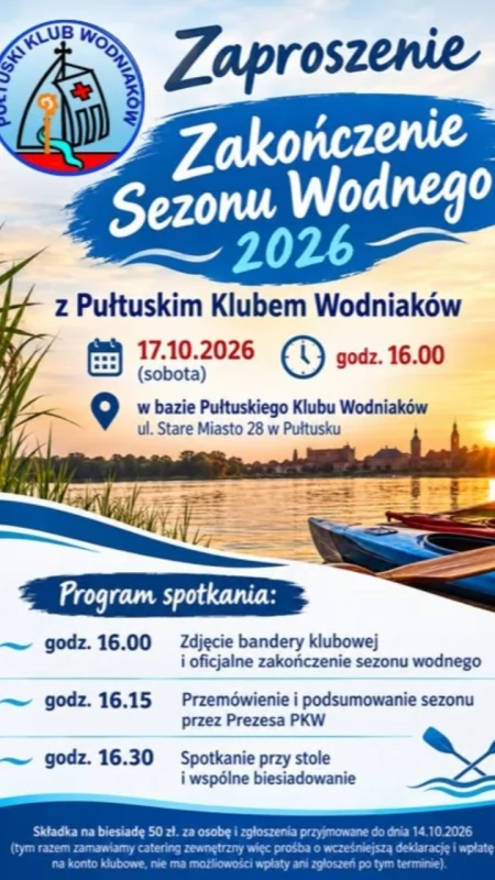 Pułtuski Klub Wodniaków zaprasza wodniaków i sympatyków na oficjalne zakończenie sezonu 2026