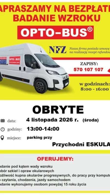 Gmina Obryte zaprasza na bezpłatne badanie wzroku w OPTO-BUSIE!