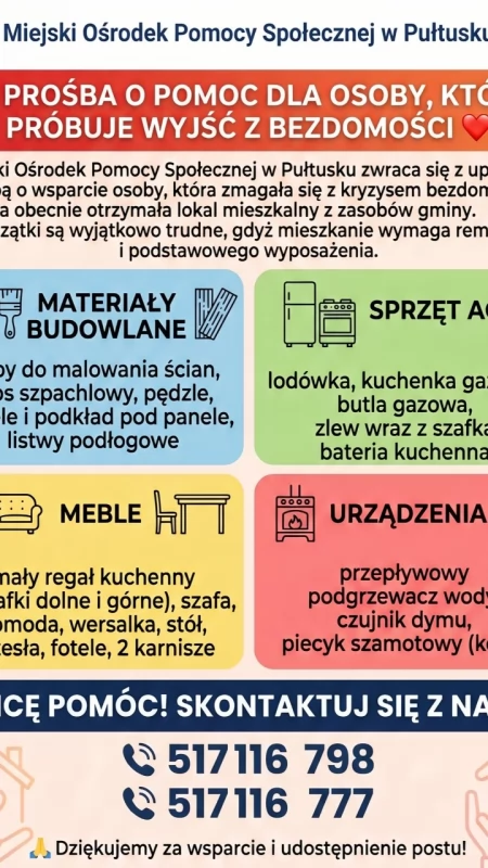 Szansa na nowy start. MOPS w Pułtusku apeluje o pomoc w remoncie i wyposażeniu mieszkania dla osoby wychodzącej z bezdomności